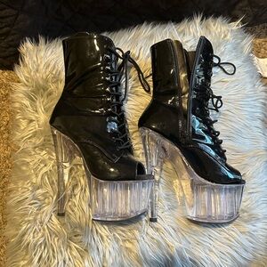 adore pleaser open toe heel boots open toe black patent leather
